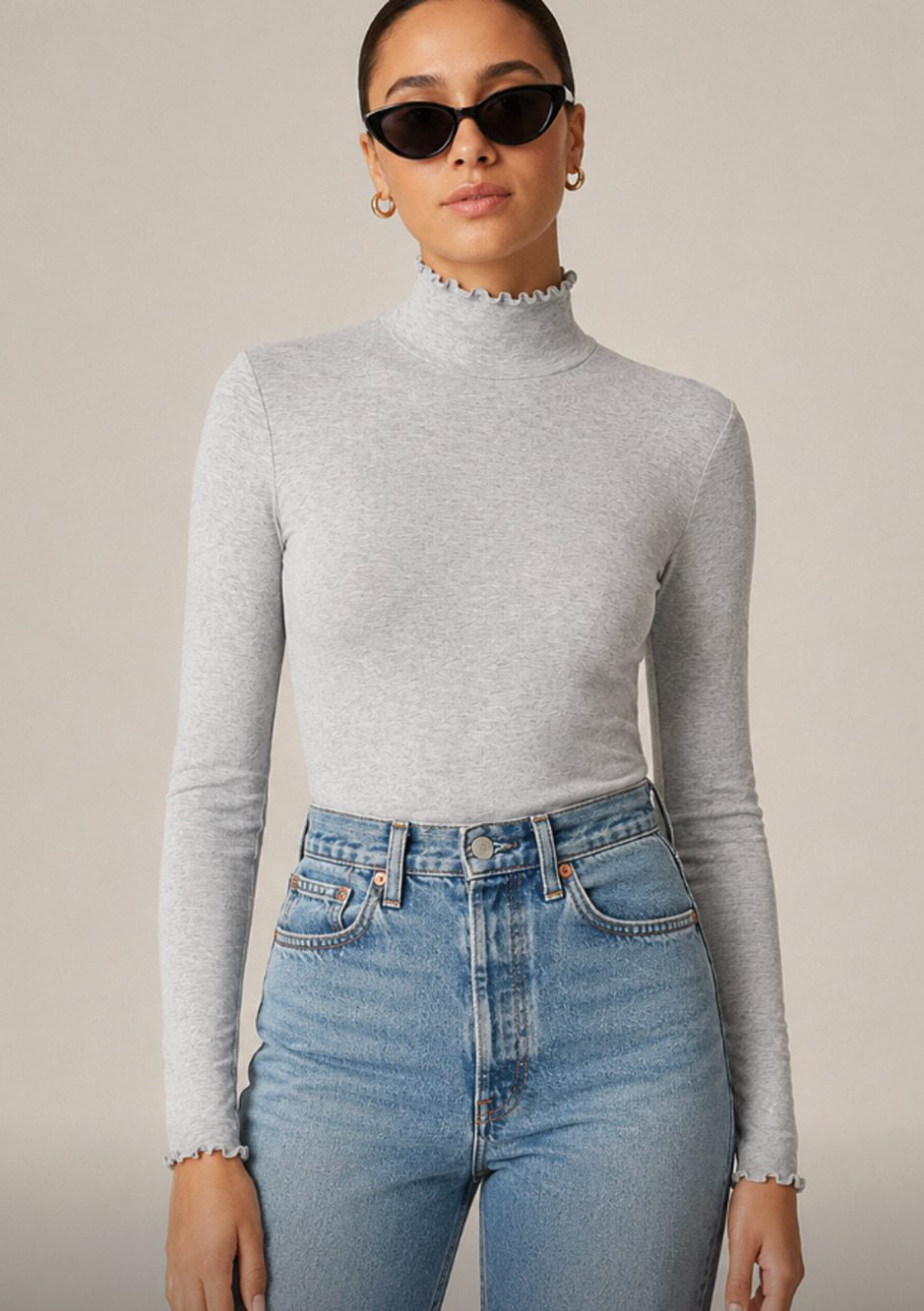 NEW J.CREW Lettuce Ruffle Trimmed Turtleneck Top Light Gray XL